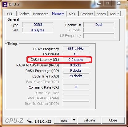 تصویر نشان دهنده میزان تاخیر زمانی رم توسط نرم افزار CPU-Z 