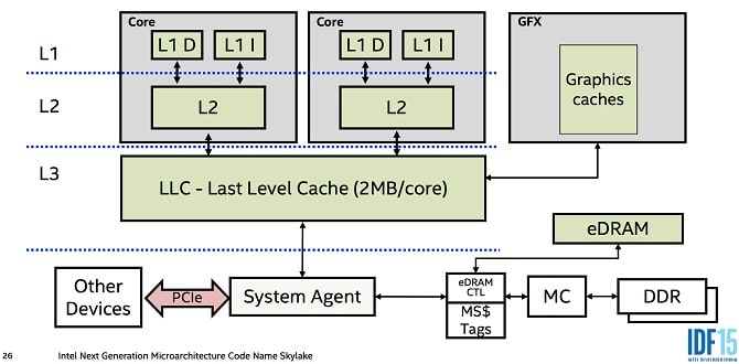 ساختار کلی یک پردازنده را نشان می‌دهد که شامل هسته‌ها و انواع حافظه پنهان پردازنده می‌باشد.